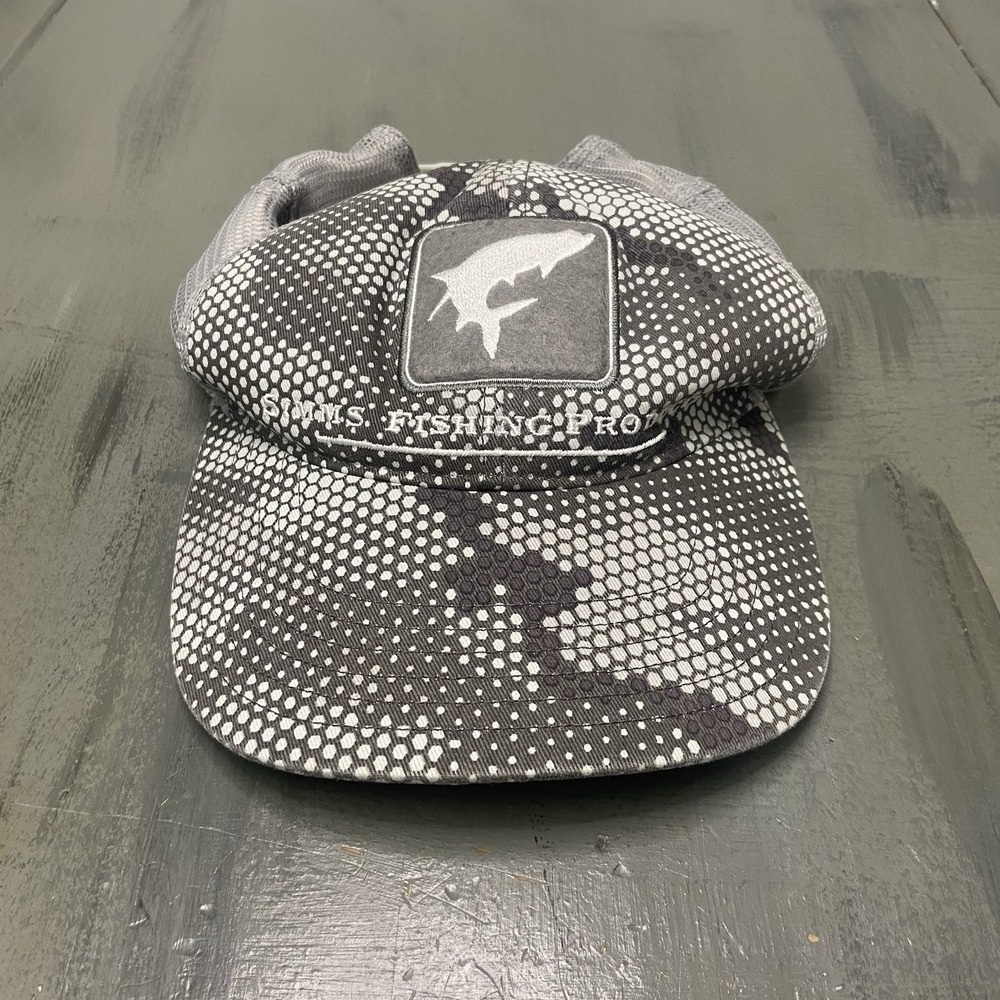 Simms Trucker Hat Gray One Size Mesh Snapback Fishing Hex Camo Bass Logo Patch